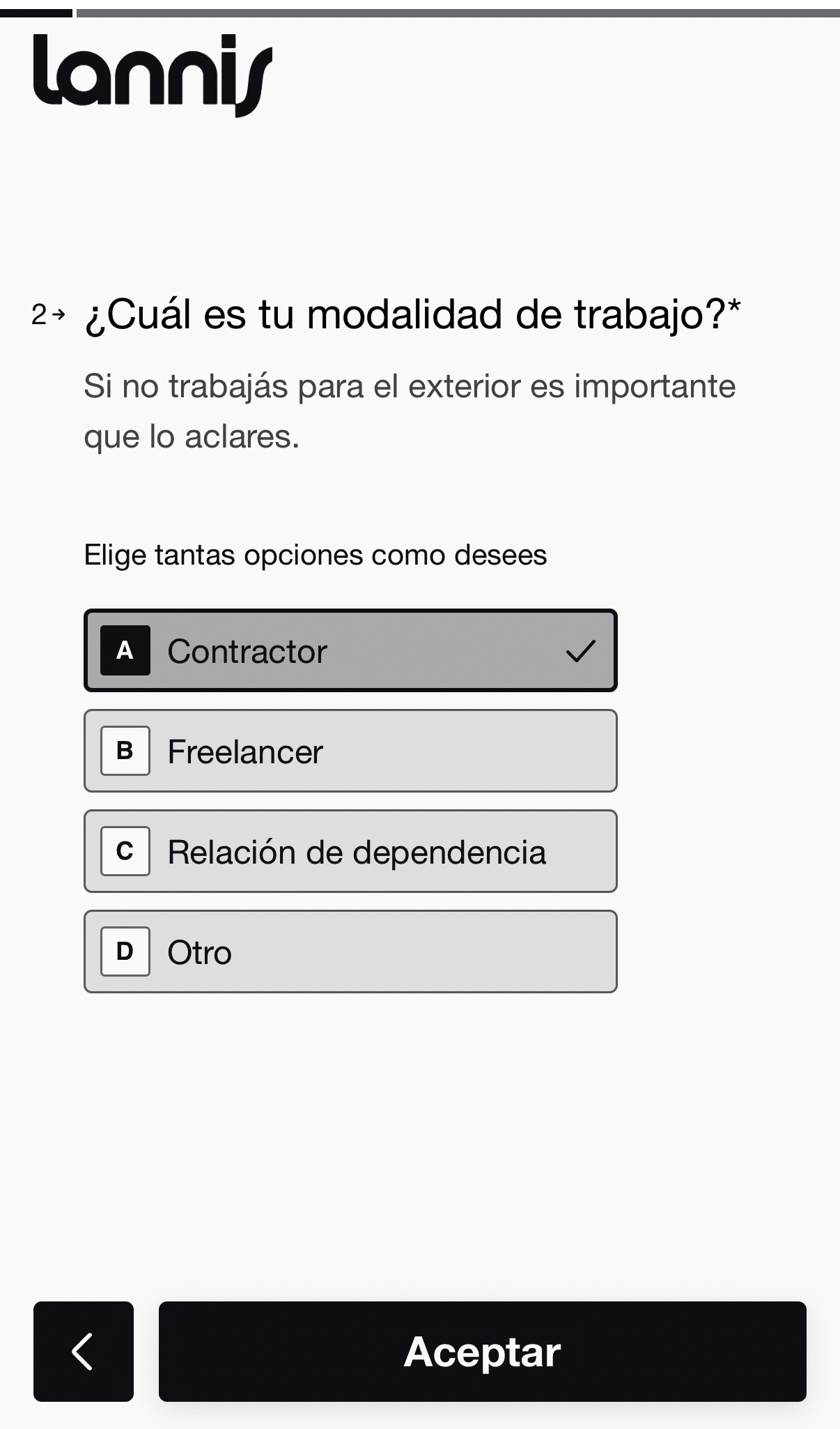 Formulario de onboarding en Lannis
